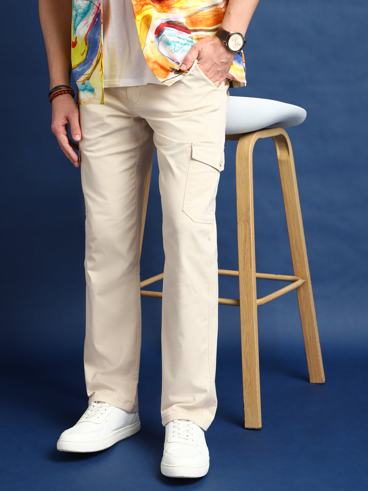 Men Beige Solid Cotton Stretchable Straight Fit Cargo Trouser