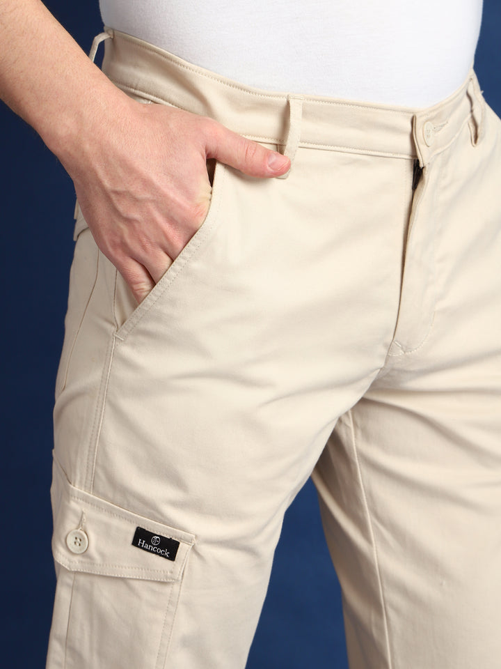 Men Beige Solid Cotton Stretchable Straight Fit Cargo Trouser