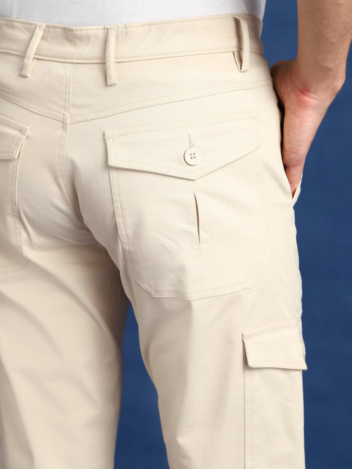 Men Beige Solid Cotton Stretchable Straight Fit Cargo Trouser