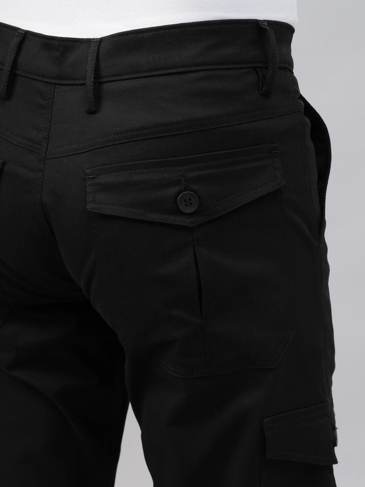 Men Black Solid Pure Cotton Slim Fit Casual Cargo Trouser