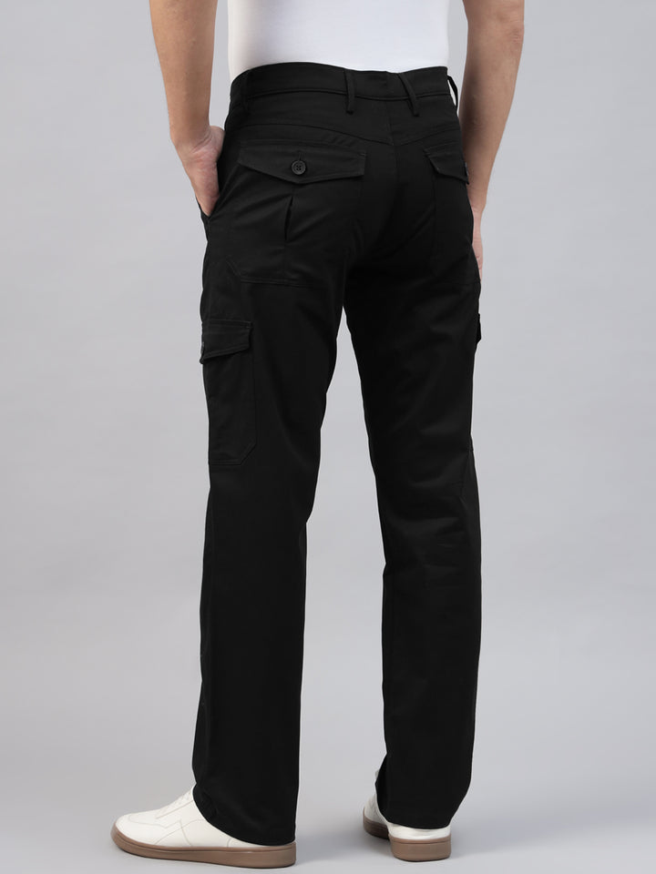 Men Black Solid Pure Cotton Slim Fit Casual Cargo Trouser