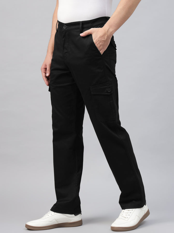 Men Black Solid Pure Cotton Slim Fit Casual Cargo Trouser