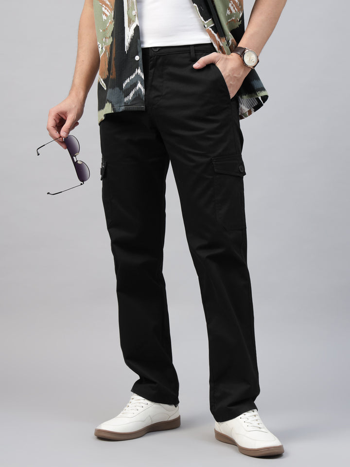 Men Black Solid Pure Cotton Slim Fit Casual Cargo Trouser