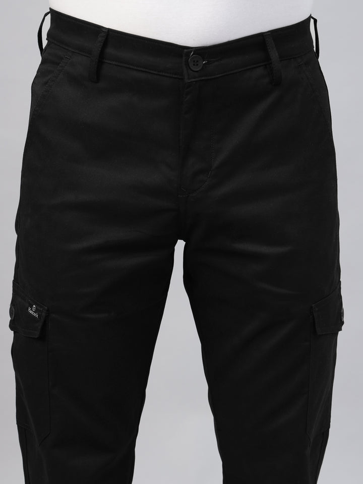 Men Black Solid Pure Cotton Slim Fit Casual Cargo Trouser