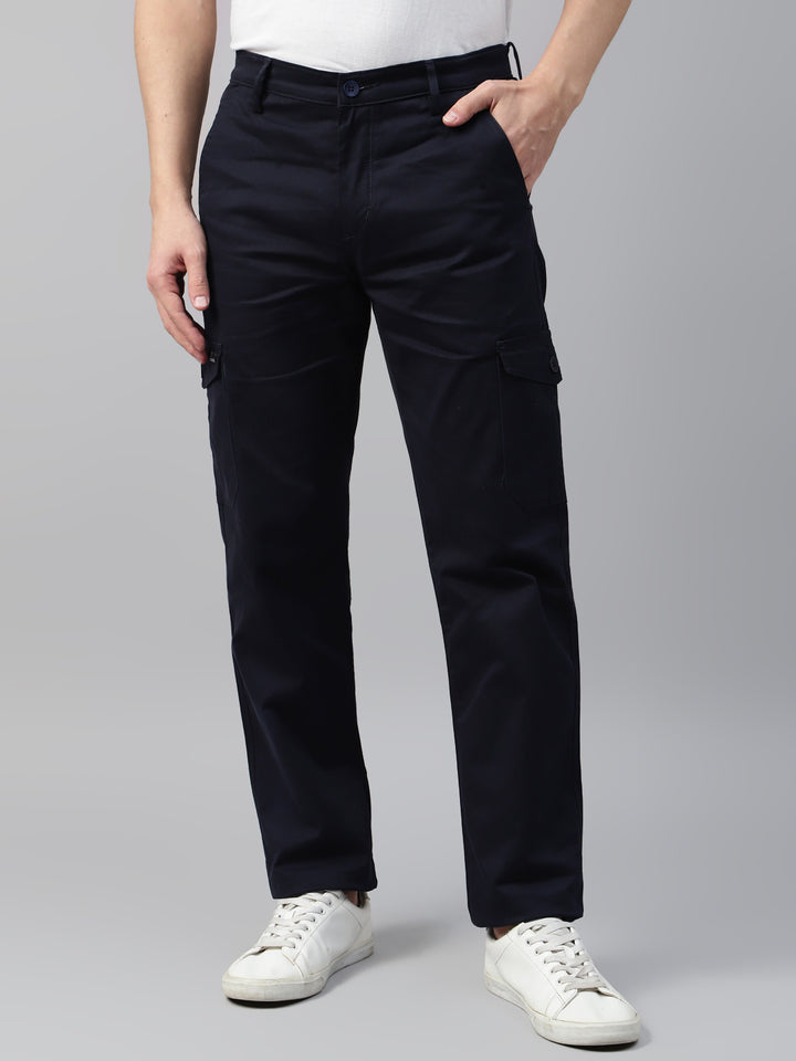 Men Navy Blue Solid Cotton Straight Fit Cargo Trouser