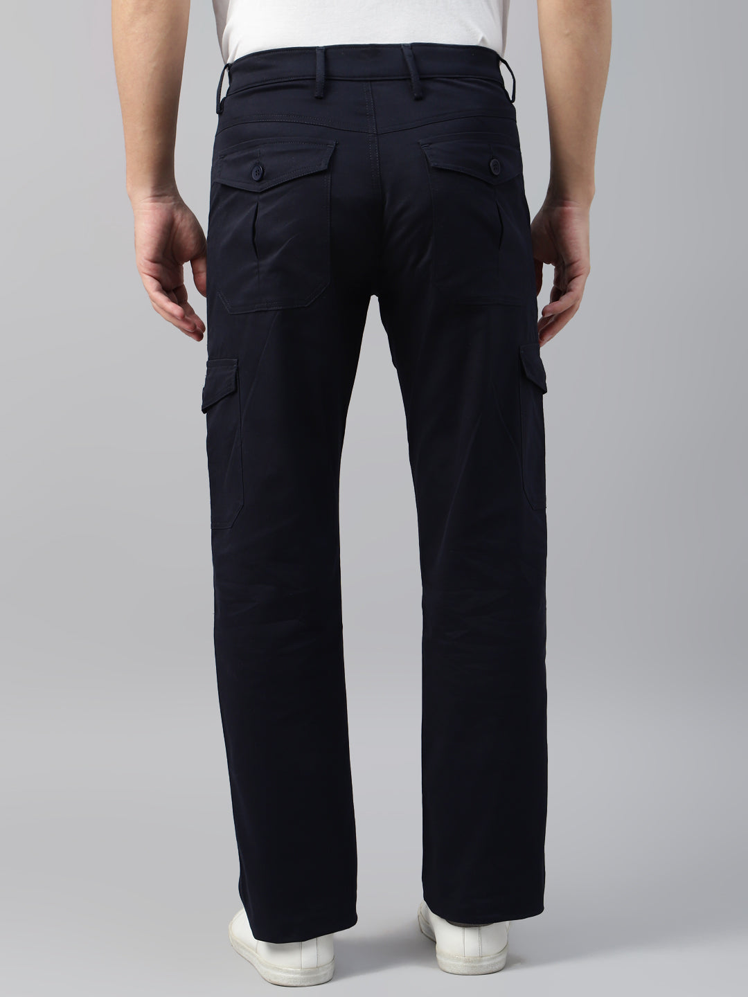 Men Navy Blue Solid Cotton Straight Fit Cargo Trouser