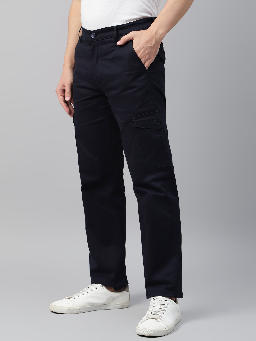 Men Navy Blue Solid Cotton Straight Fit Cargo Trouser