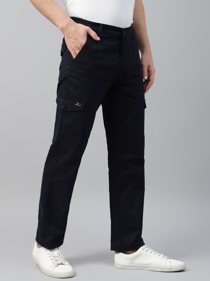 Men Navy Blue Solid Cotton Straight Fit Cargo Trouser