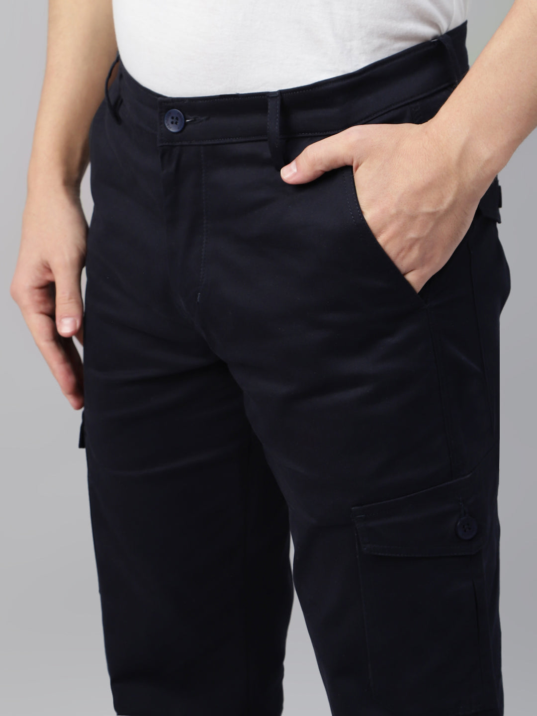 Men Navy Blue Solid Cotton Straight Fit Cargo Trouser