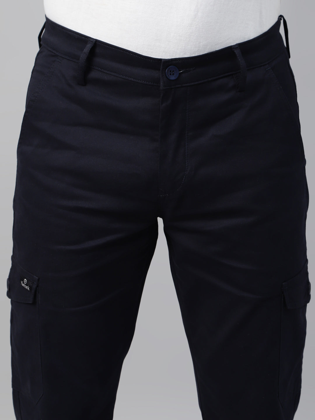 Men Navy Blue Solid Cotton Straight Fit Cargo Trouser