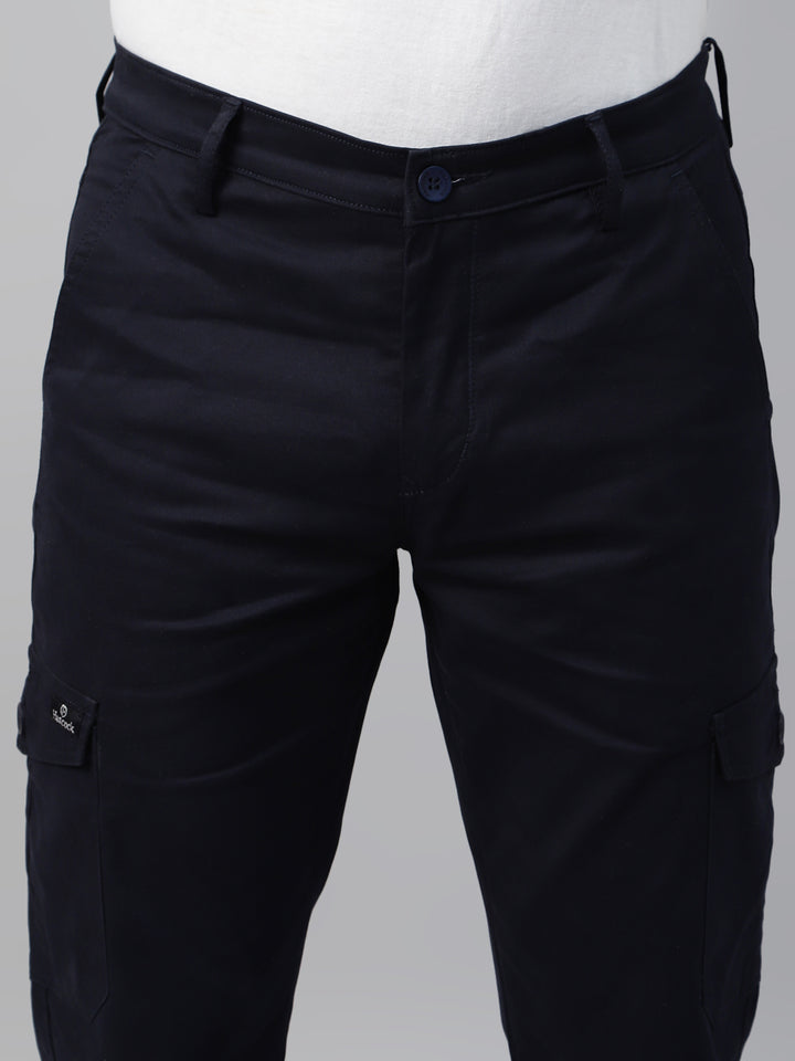 Men Navy Blue Solid Cotton Straight Fit Cargo Trouser