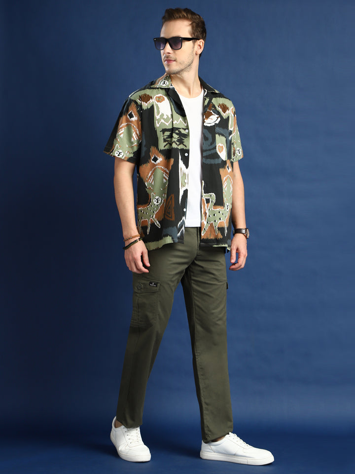 Men Olive Solid Cotton Stretchable Straight Fit Cargo Pant