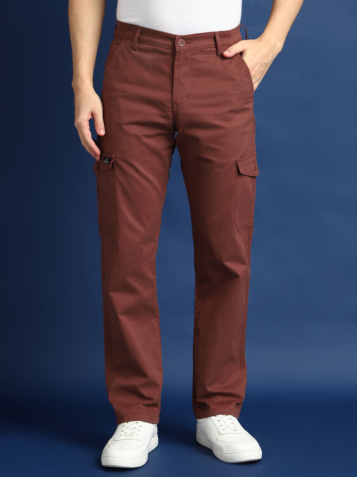 Men Rust Solid Cotton Stretchable Straight Fit Cargo Trouser