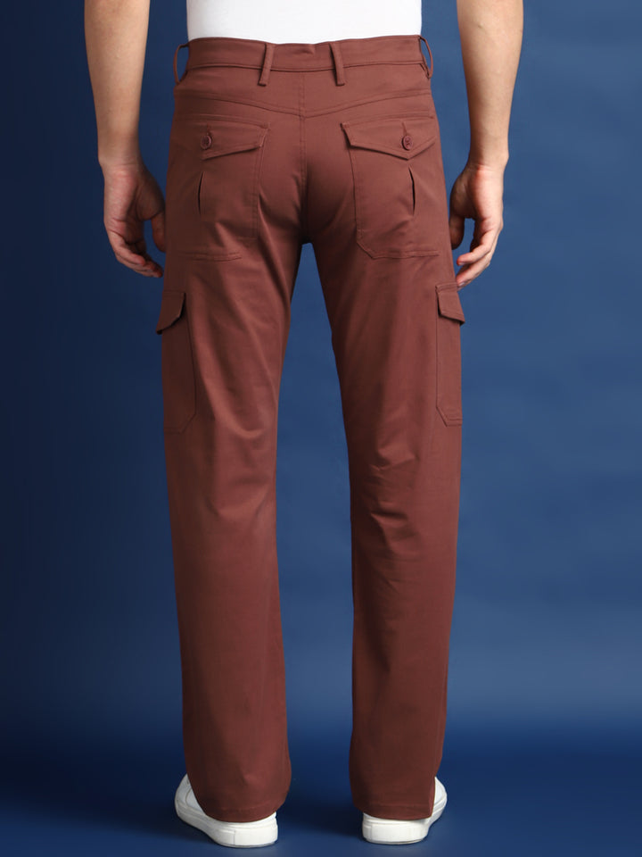 Men Rust Solid Cotton Stretchable Straight Fit Cargo Trouser