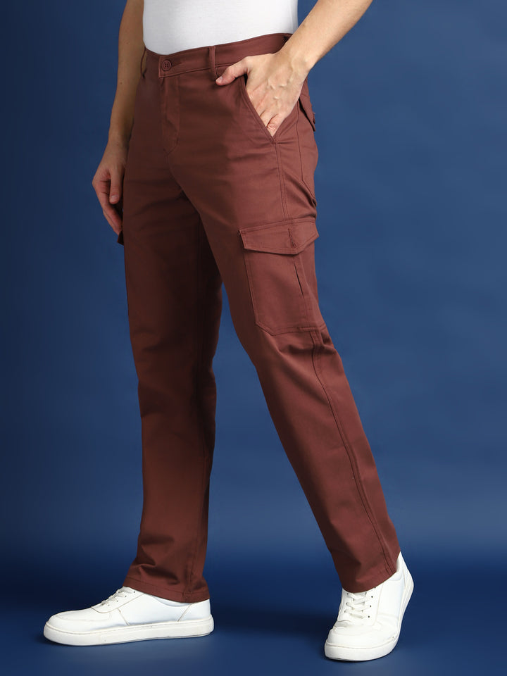 Men Rust Solid Cotton Stretchable Straight Fit Cargo Trouser