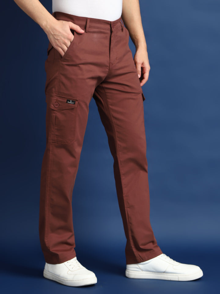 Men Rust Solid Cotton Stretchable Straight Fit Cargo Trouser