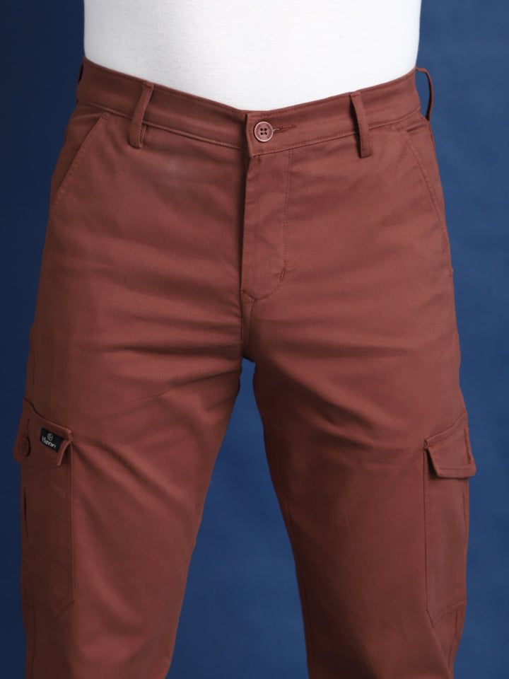 Men Rust Solid Cotton Stretchable Straight Fit Cargo Trouser