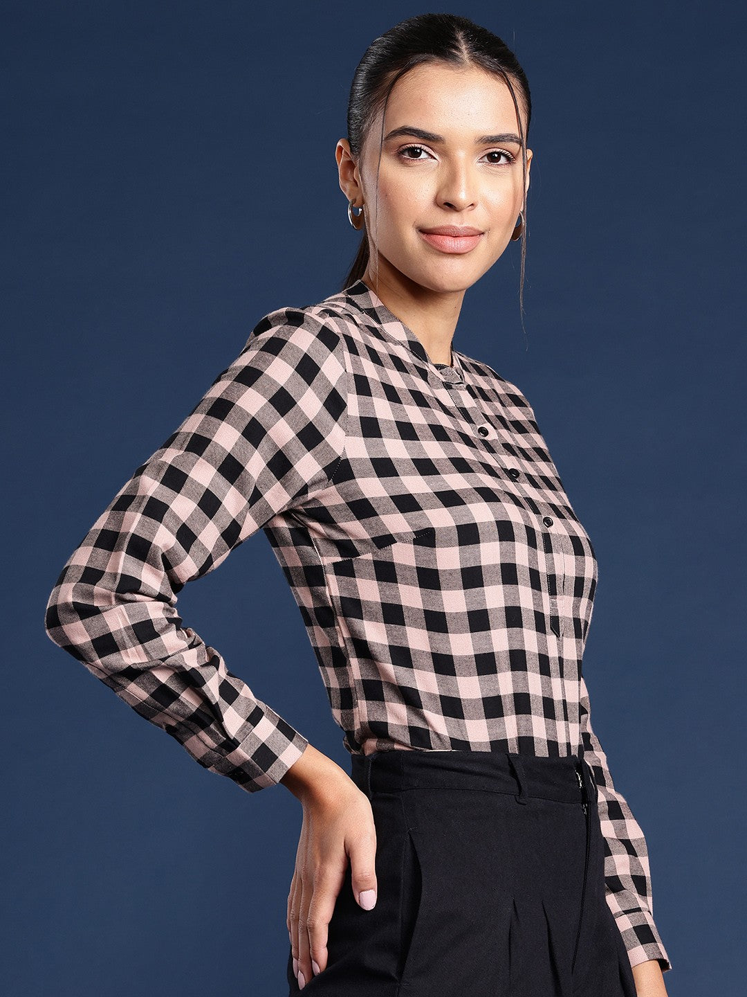 Women Black Twill Checks Pure Cotton Regular Fit Formal Top