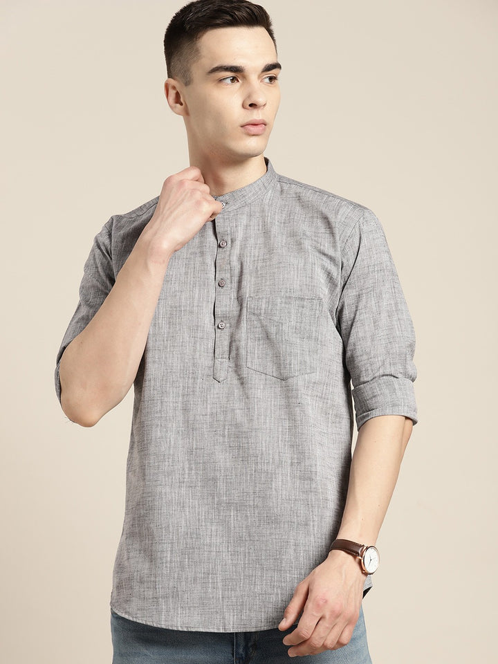 Men Grey Solid Pure Cotton Regular Fit Casual Kurta