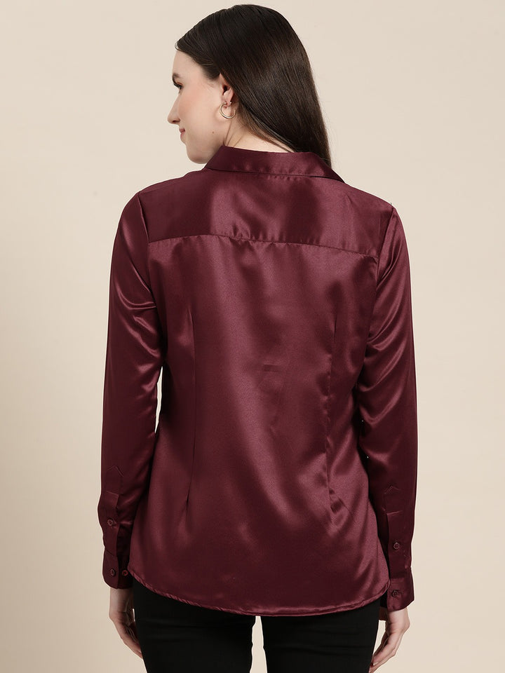 Women Maroon Solid Satin Formal Shirt