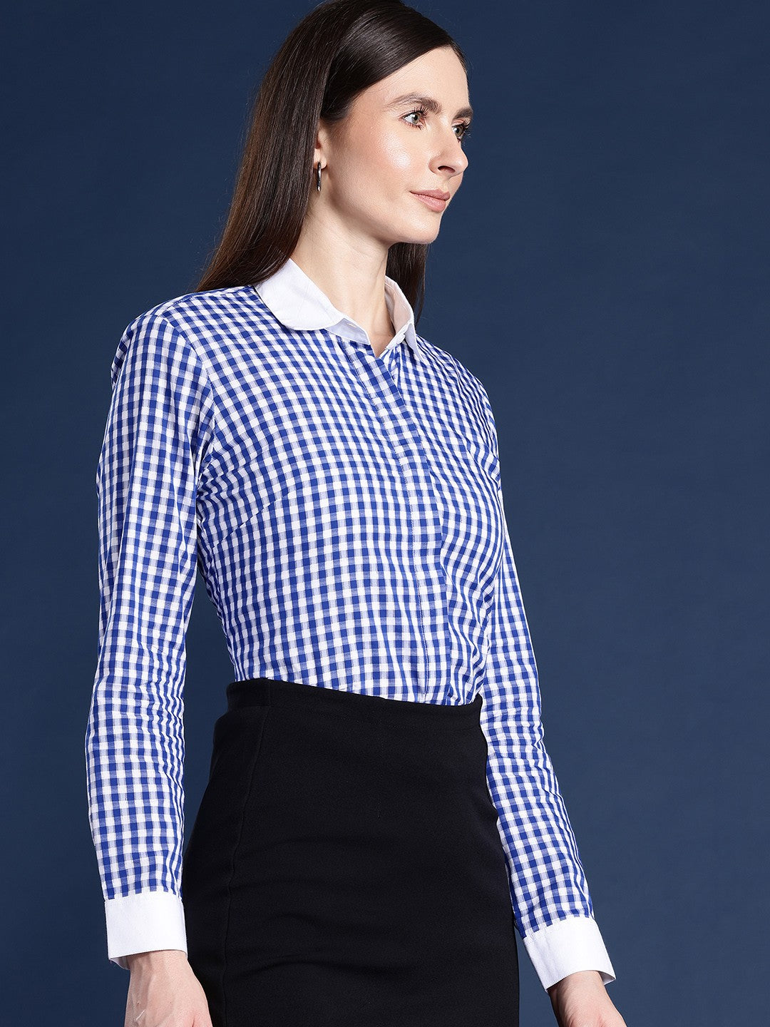 Women White & Blue Gingham Checks Pure Cotton Bankers Formal Shirt