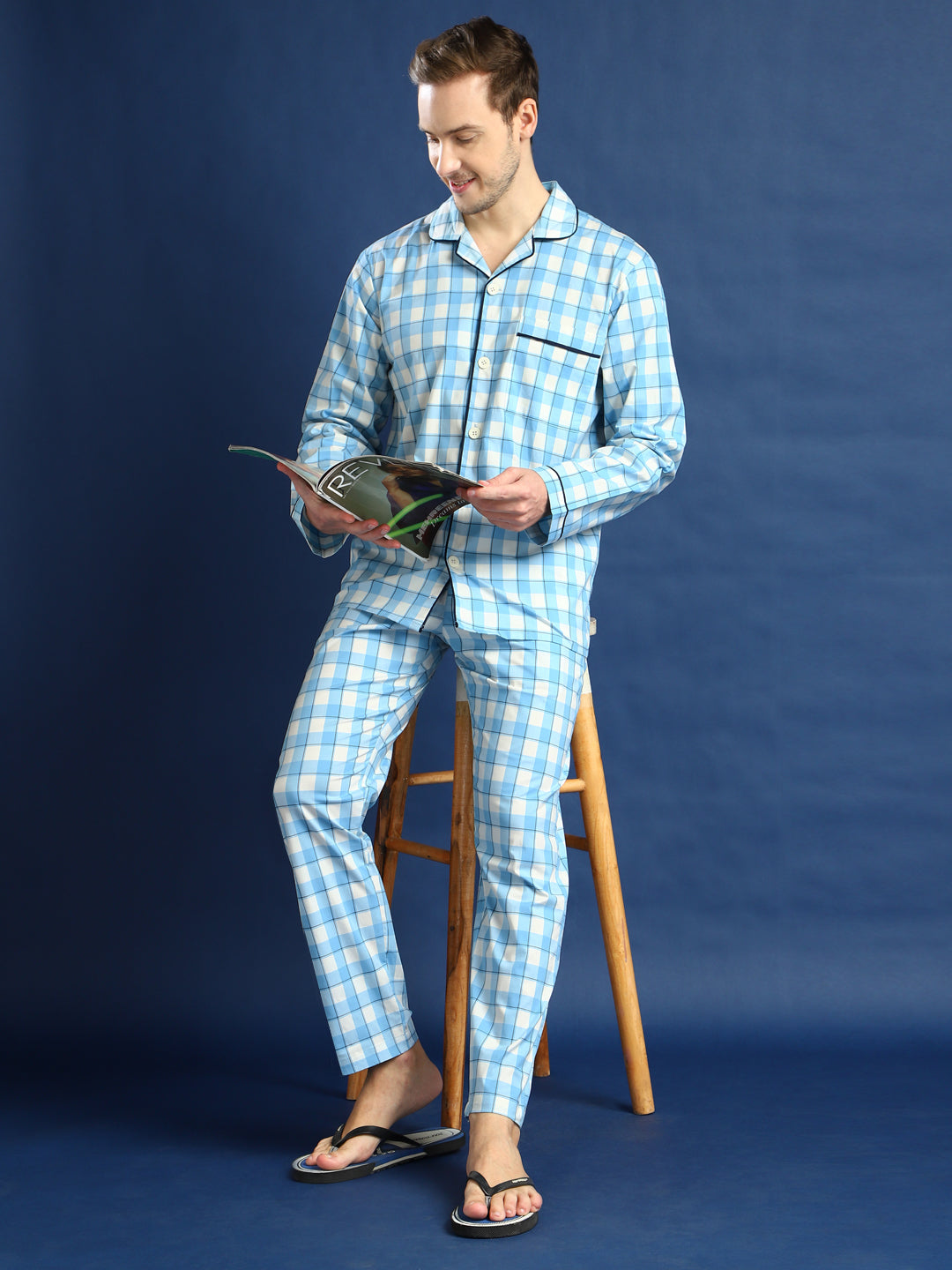 Men White & Blue Checked Cotton Relaxed Fit Night Suit