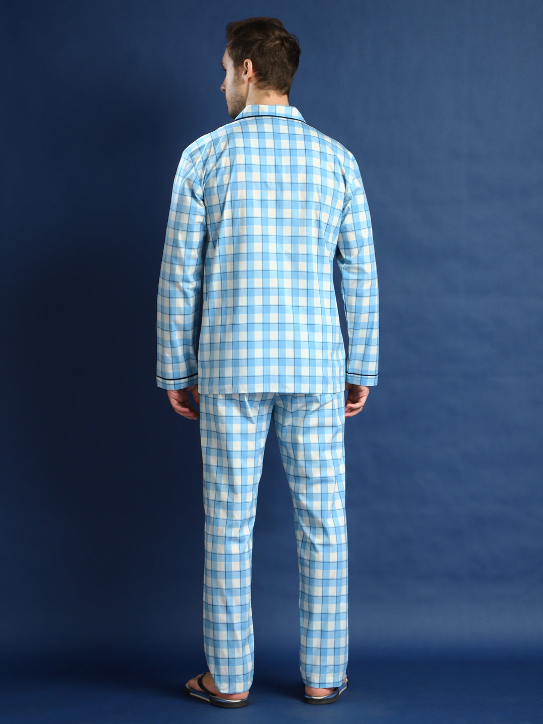 Men White & Blue Checked Cotton Relaxed Fit Night Suit