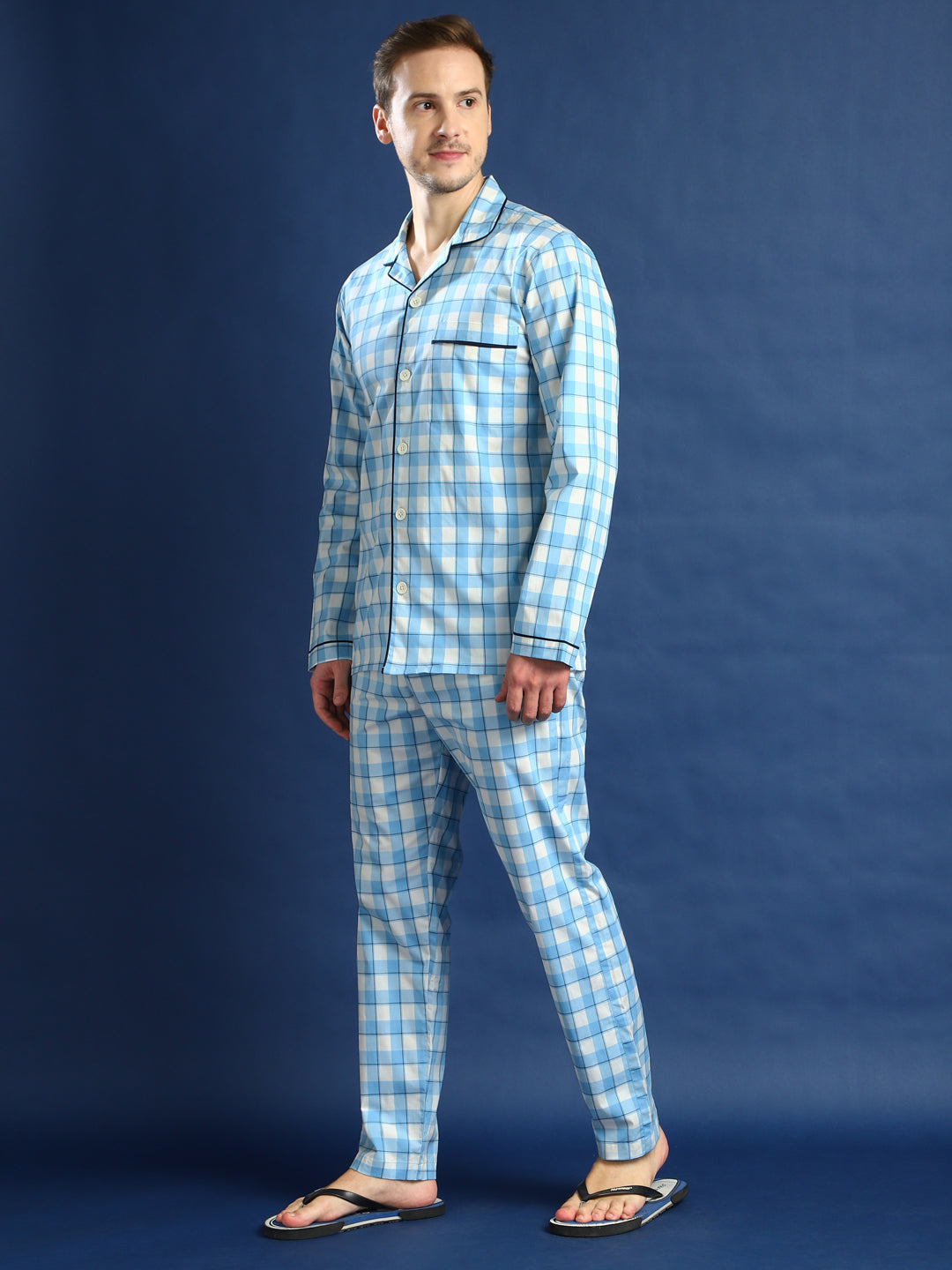 Men White & Blue Checked Cotton Relaxed Fit Night Suit