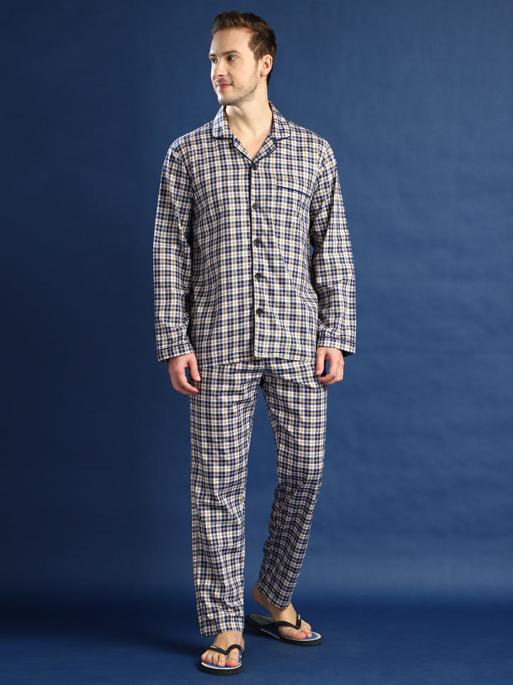 Men Navy Blue & White Checked Cotton Relaxed Fit Night Suit