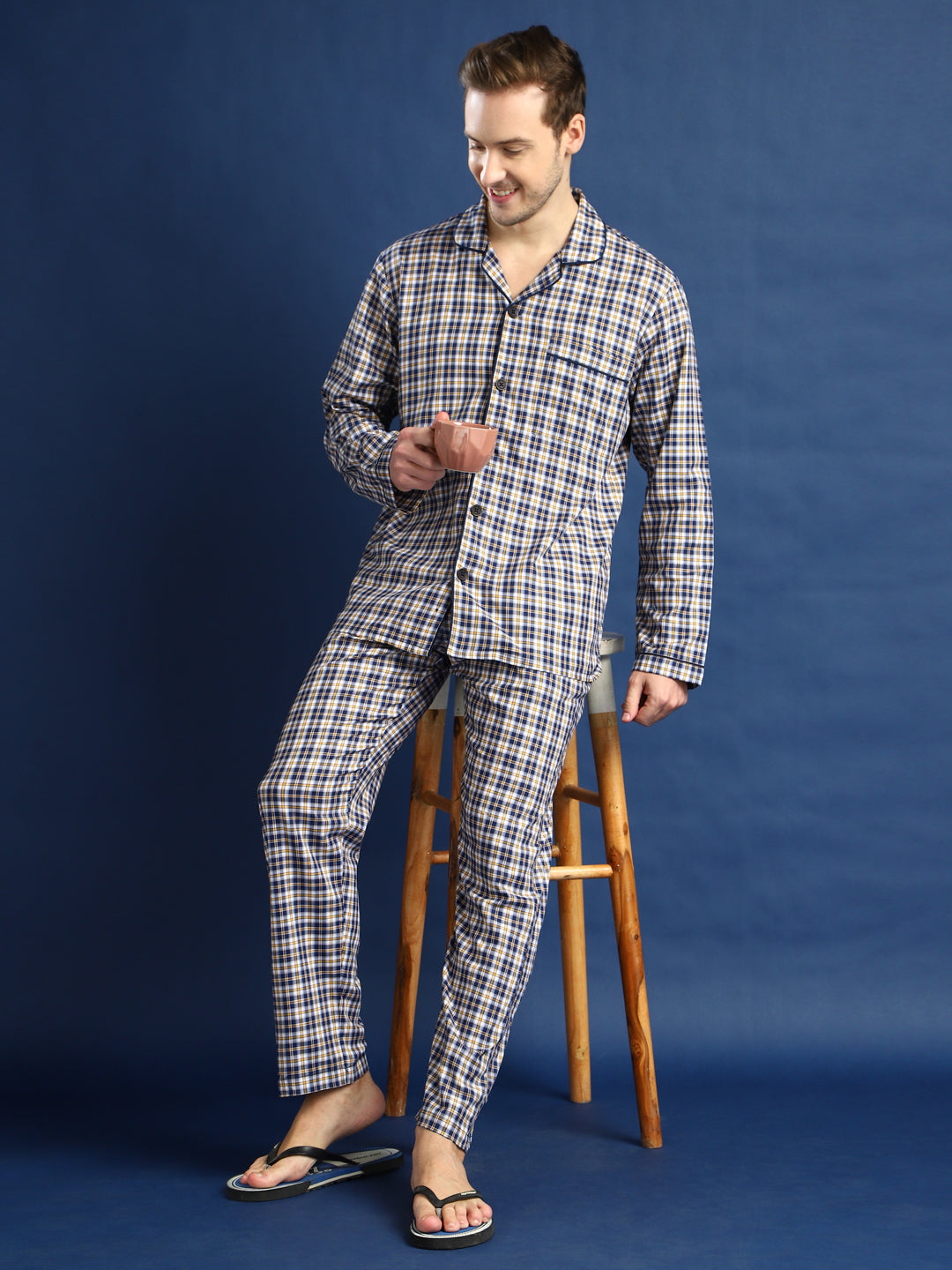 Men Navy Blue & White Checked Cotton Relaxed Fit Night Suit