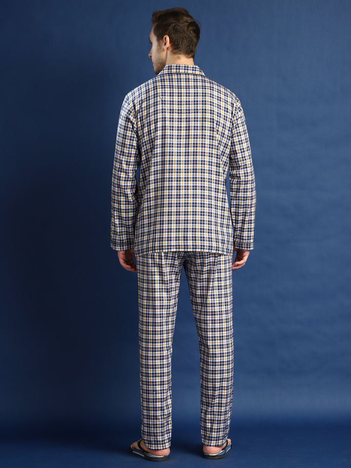 Men Navy Blue & White Checked Cotton Relaxed Fit Night Suit