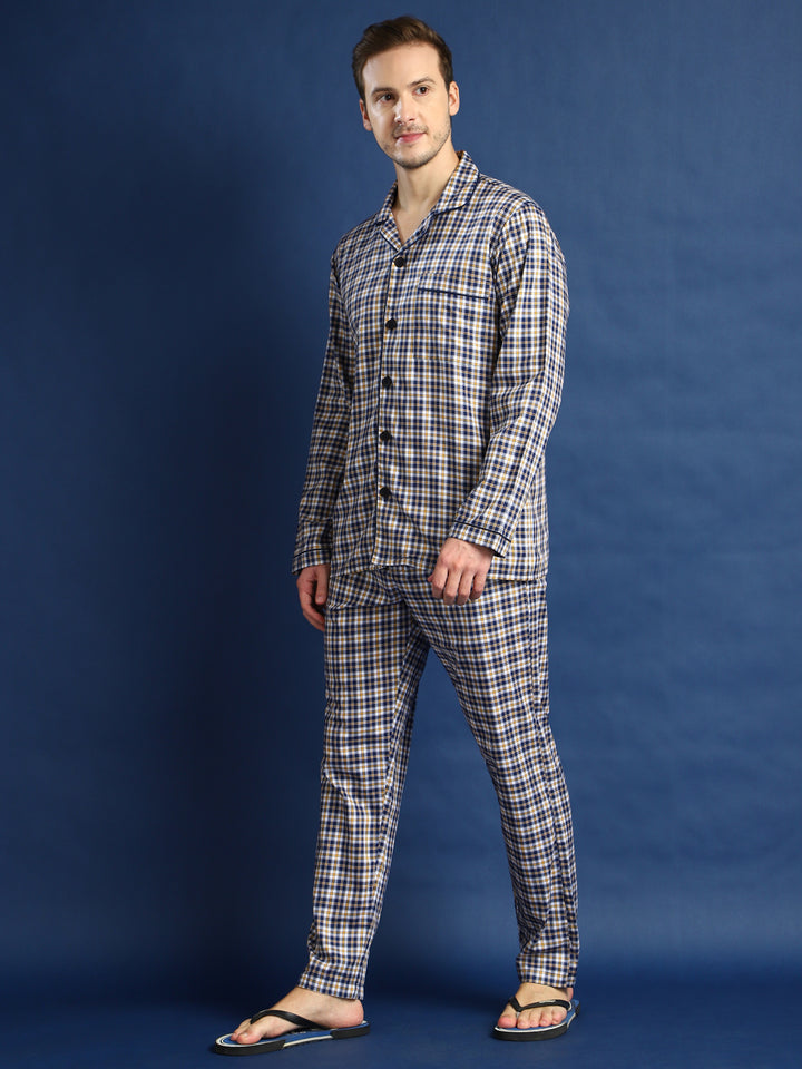 Men Navy Blue & White Checked Cotton Relaxed Fit Night Suit