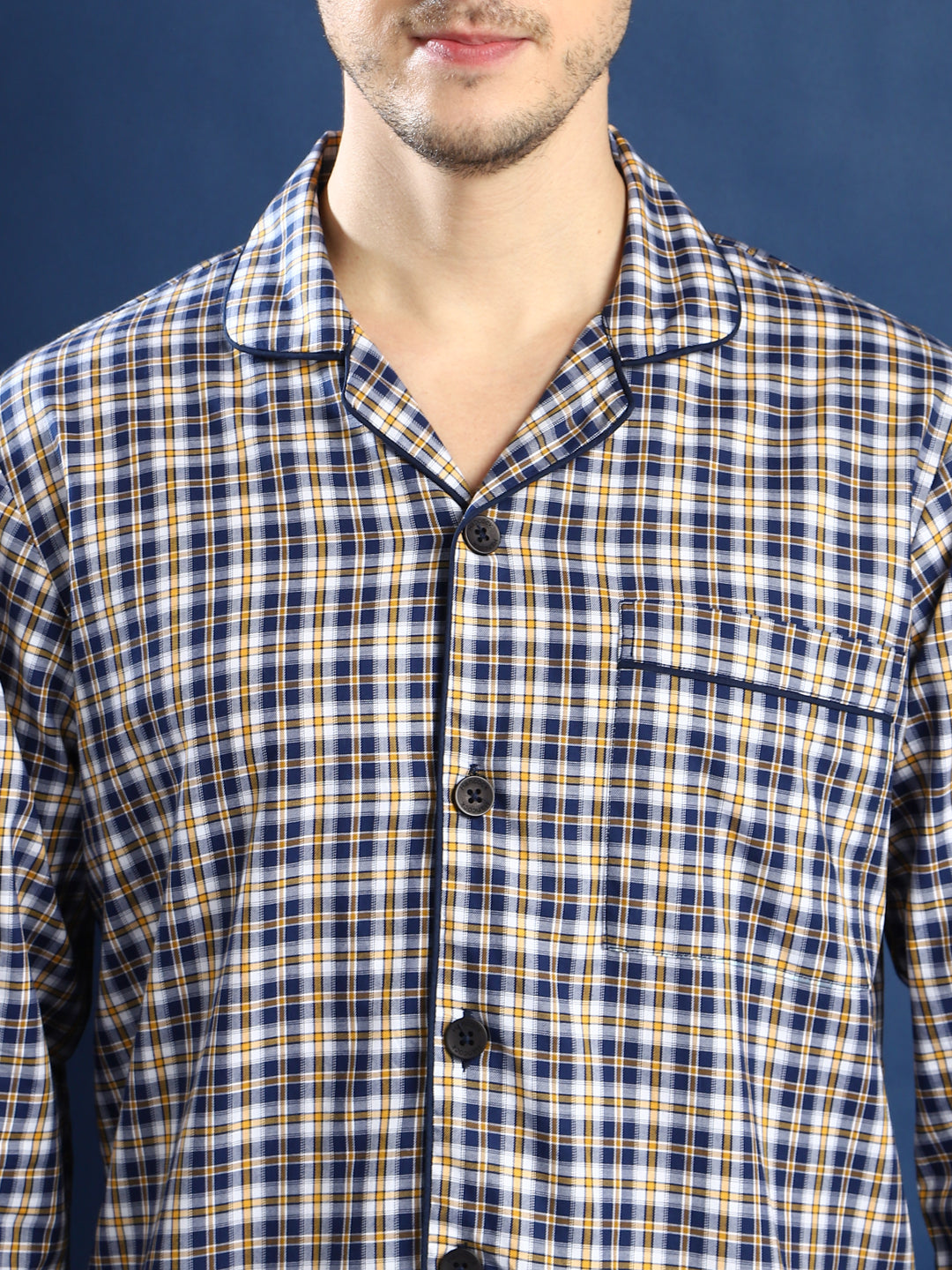 Men Navy Blue & White Checked Cotton Relaxed Fit Night Suit