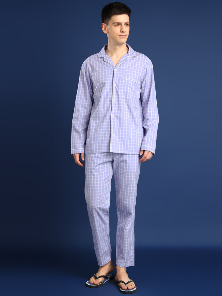 Men Lavender Checked Pure Cotton Relaxed Fit Night Suit