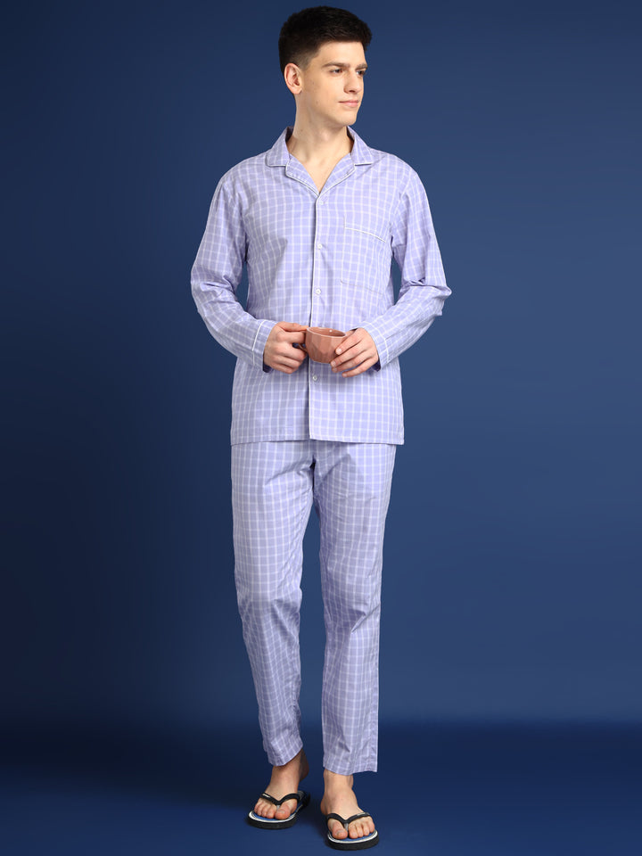 Men Lavender Checked Pure Cotton Relaxed Fit Night Suit