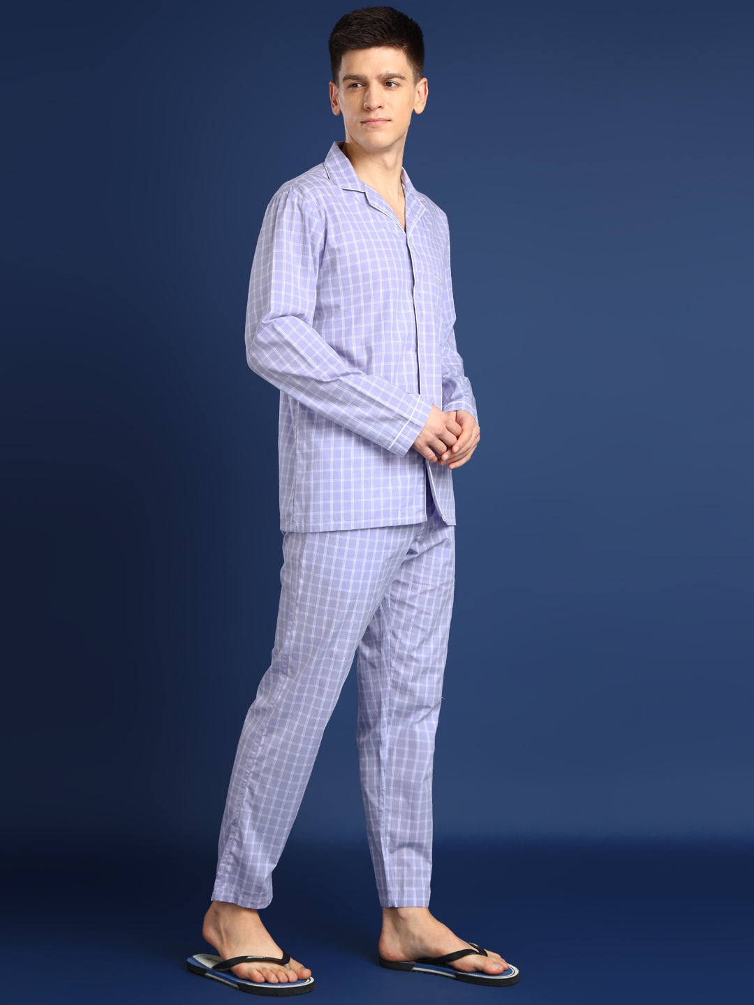 Men Lavender Checked Pure Cotton Relaxed Fit Night Suit