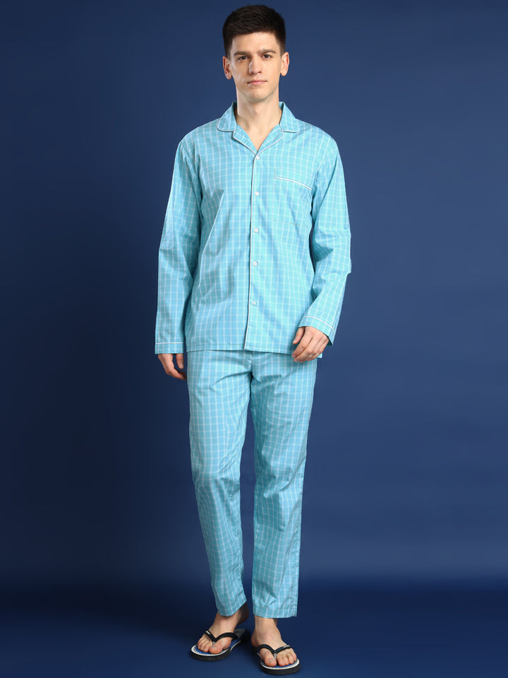 Men Sky Blue Checked Pure Cotton Relaxed Fit Night Suit