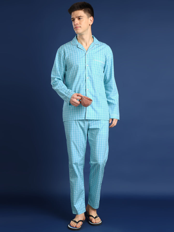 Men Sky Blue Checked Pure Cotton Relaxed Fit Night Suit