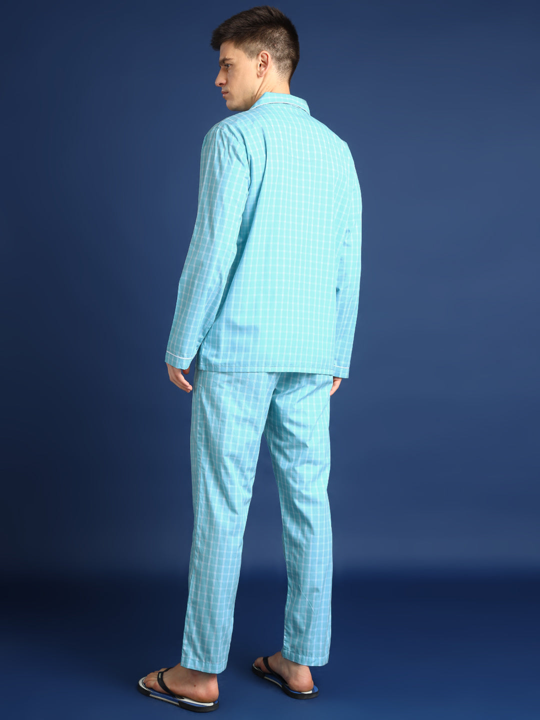 Men Sky Blue Checked Pure Cotton Relaxed Fit Night Suit