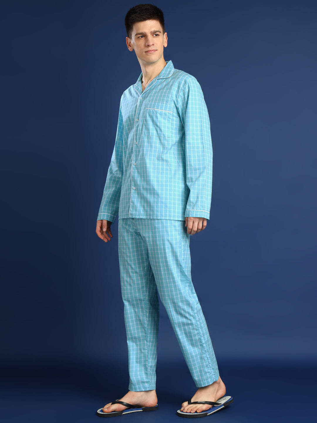 Men Sky Blue Checked Pure Cotton Relaxed Fit Night Suit