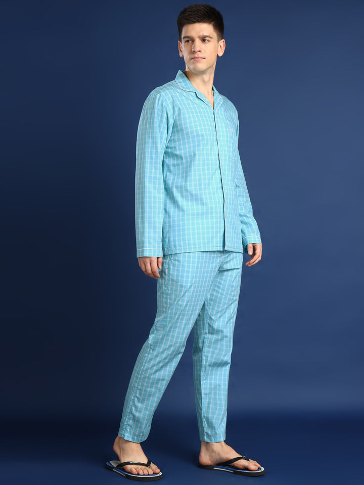 Men Sky Blue Checked Pure Cotton Relaxed Fit Night Suit