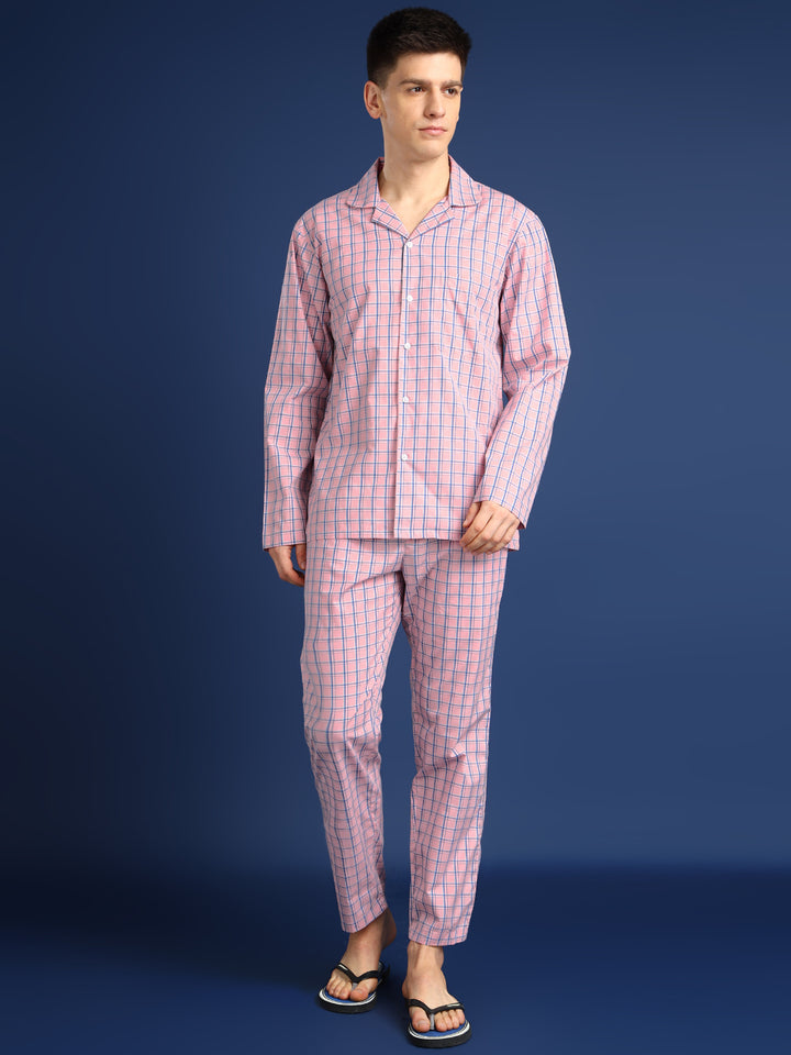 Men Peach Checked Pure Cotton Relaxed Fit Night Suit