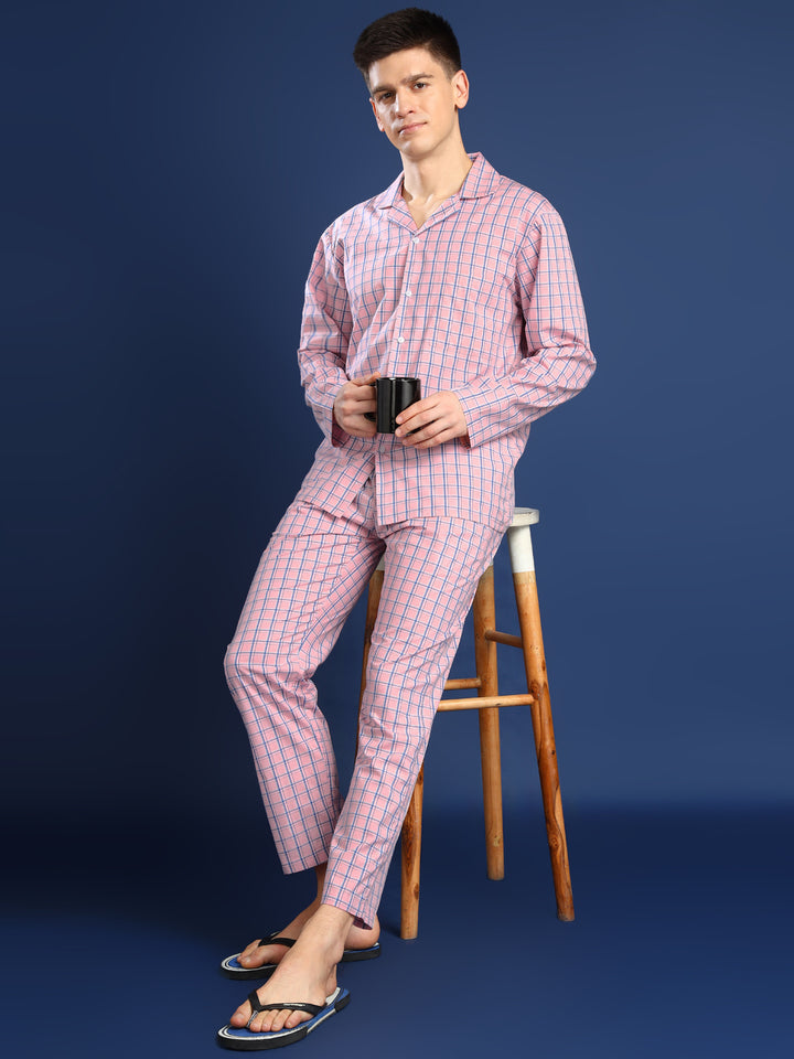 Men Peach Checked Pure Cotton Relaxed Fit Night Suit