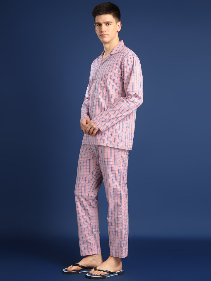 Men Peach Checked Pure Cotton Relaxed Fit Night Suit