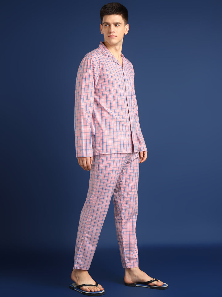 Men Peach Checked Pure Cotton Relaxed Fit Night Suit