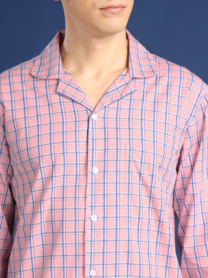 Men Peach Checked Pure Cotton Relaxed Fit Night Suit