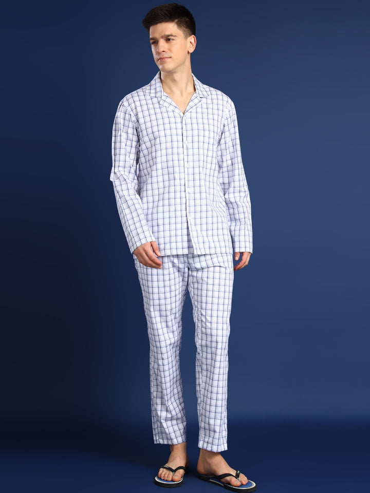 Men White Checked Pure Cotton Relaxed Fit Night Suit