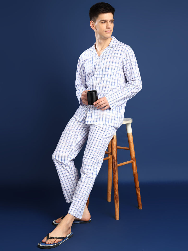 Men White Checked Pure Cotton Relaxed Fit Night Suit