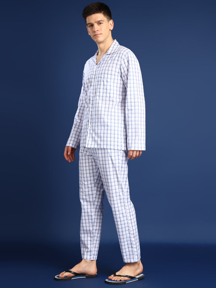 Men White Checked Pure Cotton Relaxed Fit Night Suit