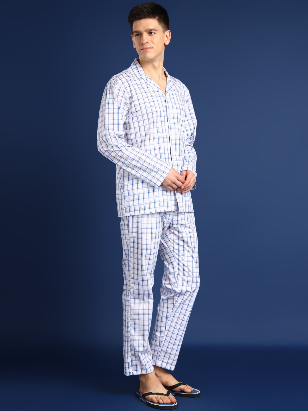 Men White Checked Pure Cotton Relaxed Fit Night Suit